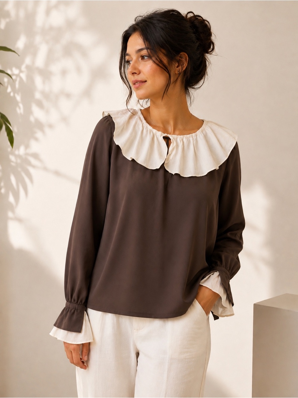 Brown Linen Blouse with White Ruffle Collar